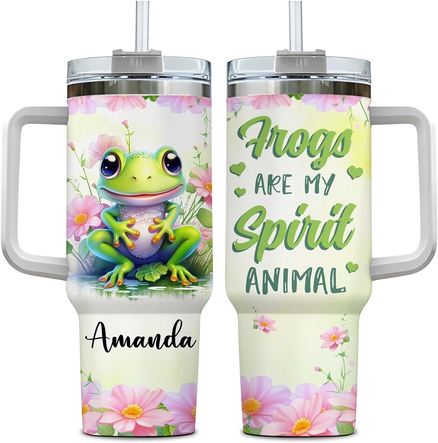 Frog Spirit Animal Tumbler 40oz – Personalized Stainless Steel Insulated Travel Cup with Handle & Straw – Unique Gift for Frog Lovers