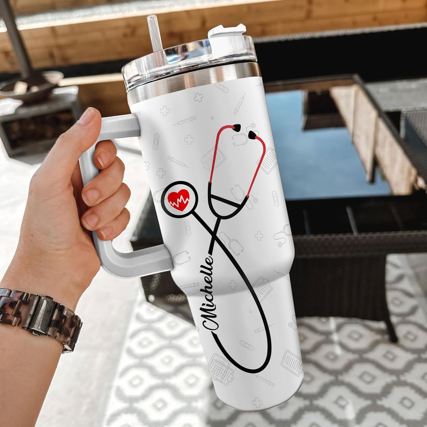 Nurse Stethoscope Tumbler 40oz with Handle & Straw – Personalized Stainless Steel Insulated Travel Cup with Lid – Appreciation Gift for Nurses & Students