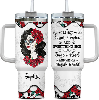 Sugar Skull Rose Tumbler 40oz with Handle & Straw – Personalized Stainless Steel Insulated Cup with Lid – Gothic Gift for Skull Lovers