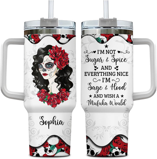 Sugar Skull Rose Tumbler 40oz with Handle & Straw – Personalized Stainless Steel Insulated Cup with Lid – Gothic Gift for Skull Lovers