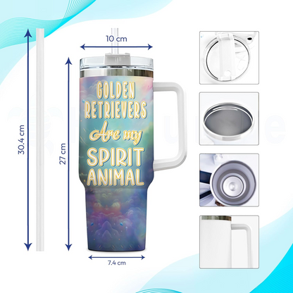 Golden Retriever Spirit Animal Tumbler 40oz – Personalized Stainless Steel Travel Cup with Handle & Straw – Perfect Gift for Dog Moms