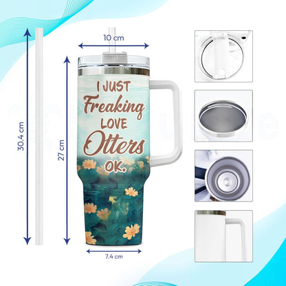 Cute Otter Tumbler 40oz with Handle & Straw – Personalized Stainless Steel Insulated Travel Cup with Lid – Adorable Gift for Otter Lovers