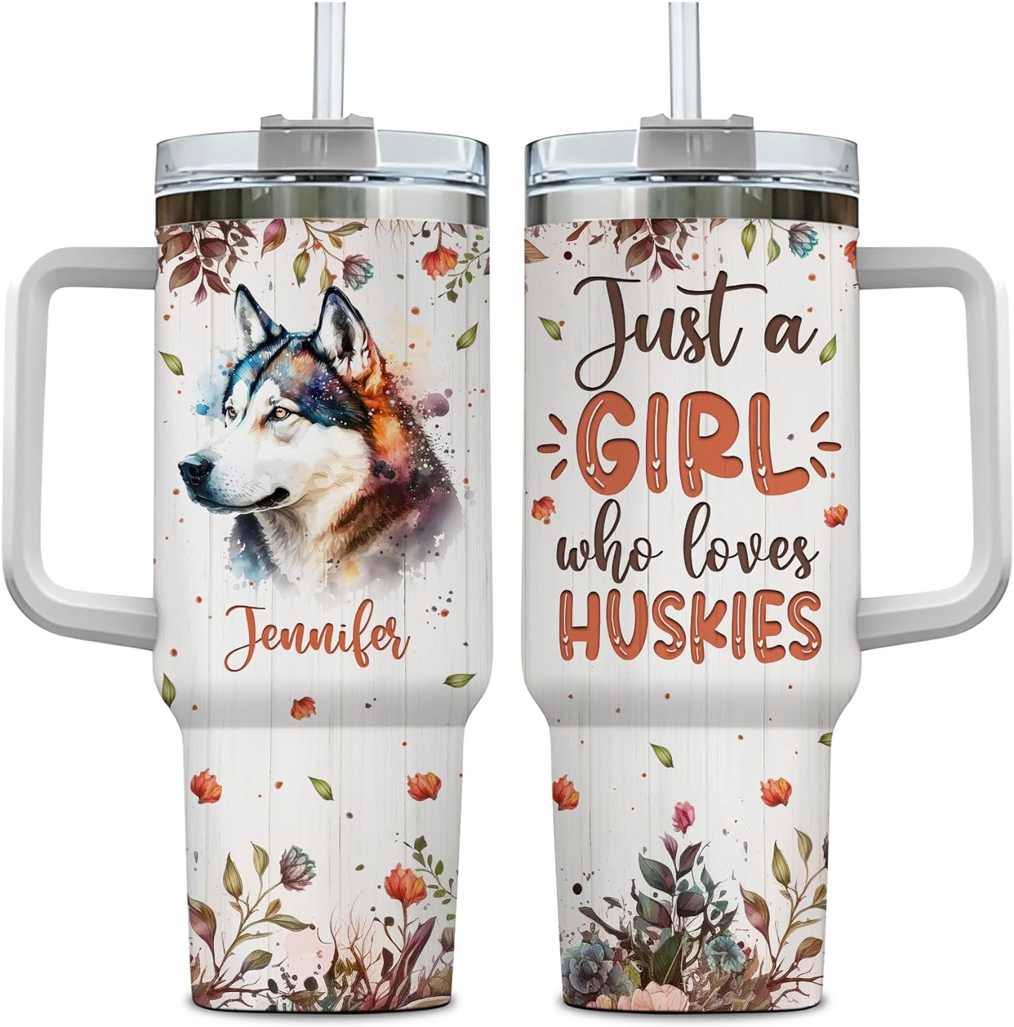 Husky Lover Tumbler 40oz with Handle & Straw – Personalized Stainless Steel Travel Cup with Lid – Creative Gift for Dog Lovers