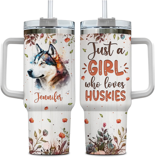 Husky Lover Tumbler 40oz with Handle & Straw – Personalized Stainless Steel Travel Cup with Lid – Creative Gift for Dog Lovers