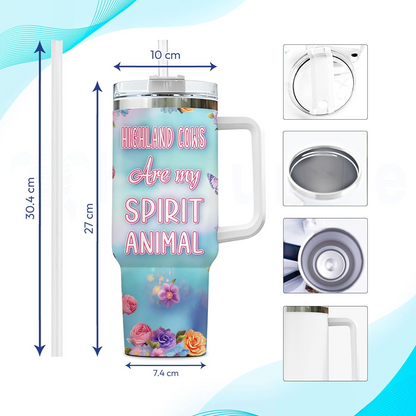 Highland Cow Lover Tumbler 40oz with Handle & Straw – Personalized Stainless Steel Insulated Cup with Lid – Cute Farm Animal Gift for Birthday or Christmas