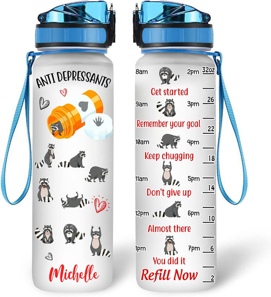 Funny Raccoon Anti Stress Water Bottle Tracker 32oz – Personalized Motivational Water Bottle with Time Marker – Unique Gift for Animal Lovers