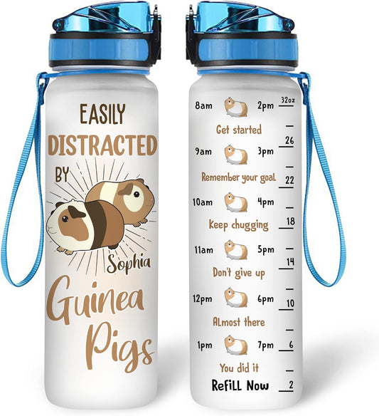 Guinea Pig Theme Water Bottle Tracker 32oz – Personalized Motivational Bottle with Time Marker – Cute Gift for Pet Lovers
