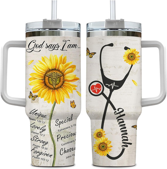 Nurse Sunflower Tumbler 40oz – Personalized Stainless Steel Insulated Cup with Handle & Straw, Leak-Proof Lid – Inspirational Gift for Nurses & Students