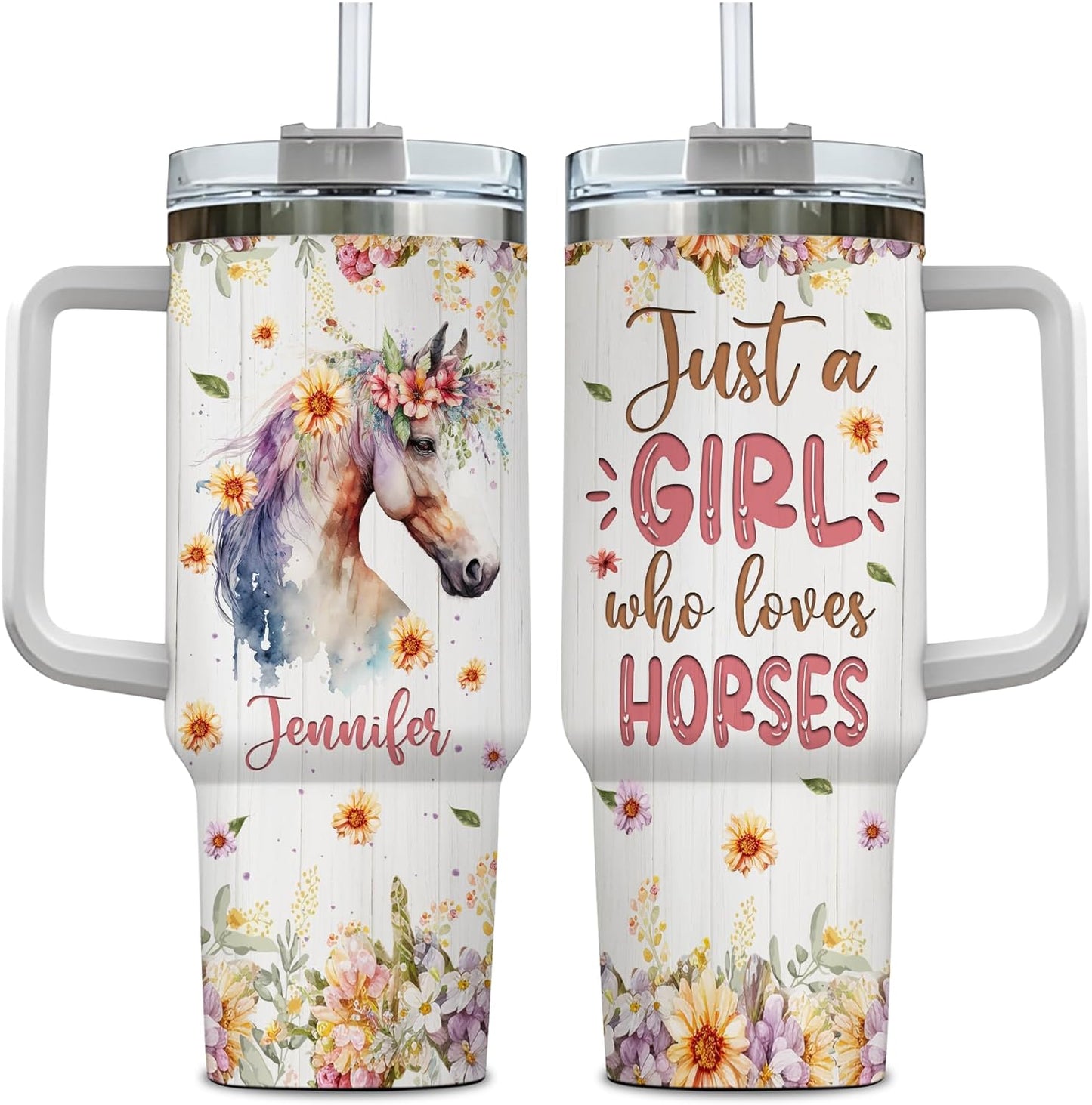 Horse Lover Tumbler 40oz with Handle & Straw – Personalized Stainless Steel Insulated Travel Cup with Lid – Stylish Gift for Equestrian Fans