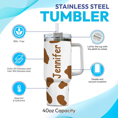 Cute Highland Cow Cartoon Tumbler 40oz with Handle & Straw – Personalized Stainless Steel Travel Cup with Lid – Unique Gift for Cow Lovers