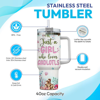 Axolotl Lover Tumbler 40oz – Personalized Stainless Steel Insulated Cup with Handle & Straw, Cute Watercolor Marine Design – Fun Gift for Women & Girls