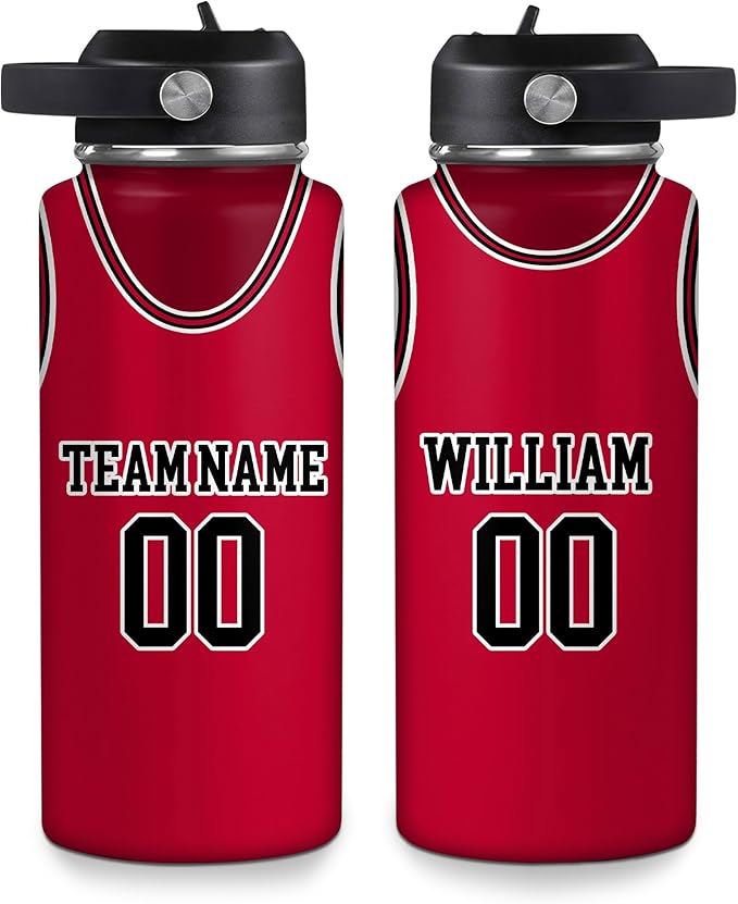 Basketball Jersey Custom Name & Number Water Bottle 32oz – Personalized Stainless Steel Insulated Bottle with Leak-Proof Lid – Sporty Gift for Basketball Fans & Players