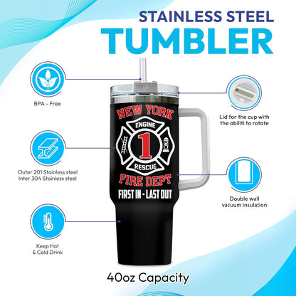 Firefighter Flag Tumbler 40oz with Handle & Straw – Personalized Stainless Steel Insulated Travel Cup with Lid – Meaningful Gift for Firemen & Heroes