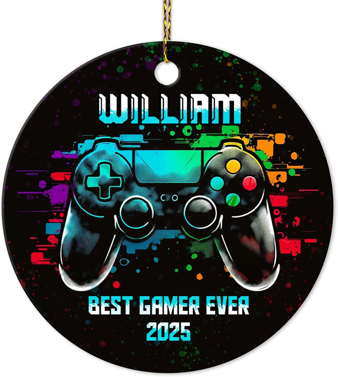 Gamer Controller Neon Ceramic Ornament – Personalized Custom Name Circle Keepsake, Christmas Gift for Boys, Men or Video Game Lover