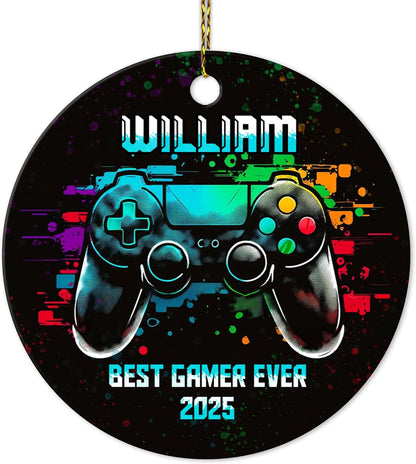 Gamer Controller Neon Ceramic Ornament – Personalized Custom Name Circle Keepsake, Christmas Gift for Boys, Men or Video Game Lover