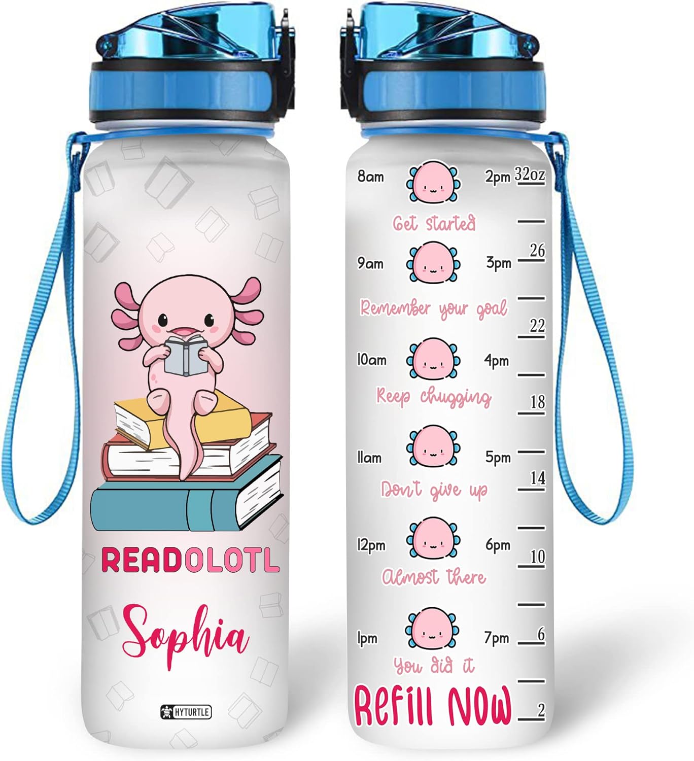 Readolotl Reading Books - Personalized Water Tracker Bottle 32oz