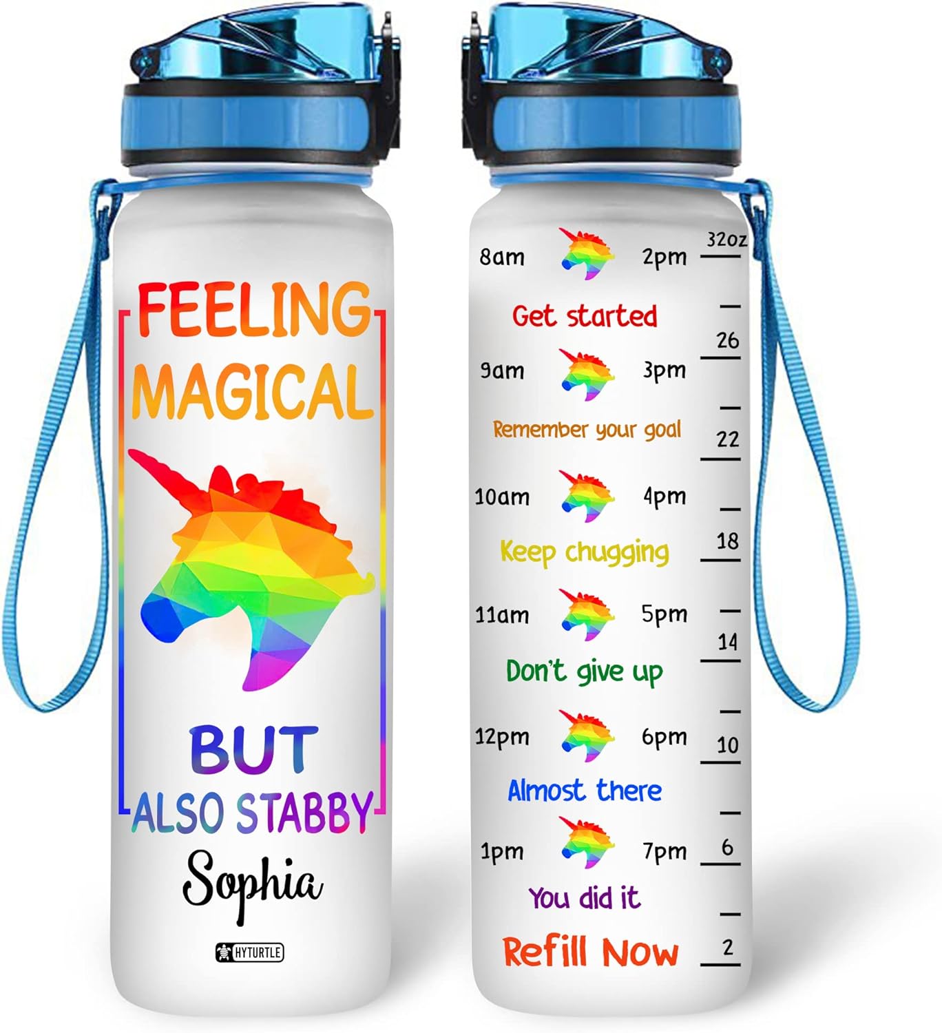 Rainbow Unicorn LGBT Water Bottle Tracker 32oz – Personalized BPA-Free Motivational Bottle with Time Marker – Fun Pride Gift for Unicorn Lovers