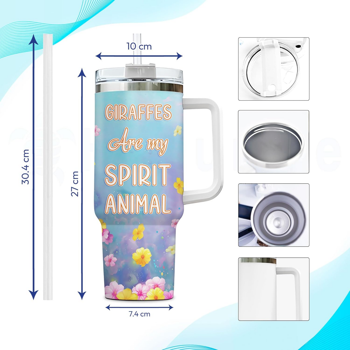 Giraffe Lover Tumbler 40oz with Handle & Straw – Personalized Stainless Steel Insulated Travel Cup with Lid – Cute Birthday Gift for Animal Lovers