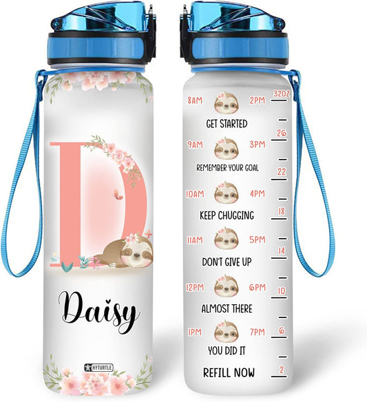 Sloth Floral Water Bottle Tracker 32oz Personalized – Cute Animal Design Hydration Bottle with Time Marker – Relaxing Gift for Women Girls