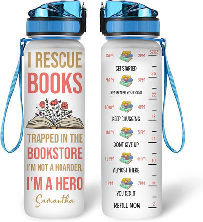 I Rescue Books Water Bottle Tracker 32oz – Personalized Motivational Water Bottle with Time Marker – Gift for Book Lovers
