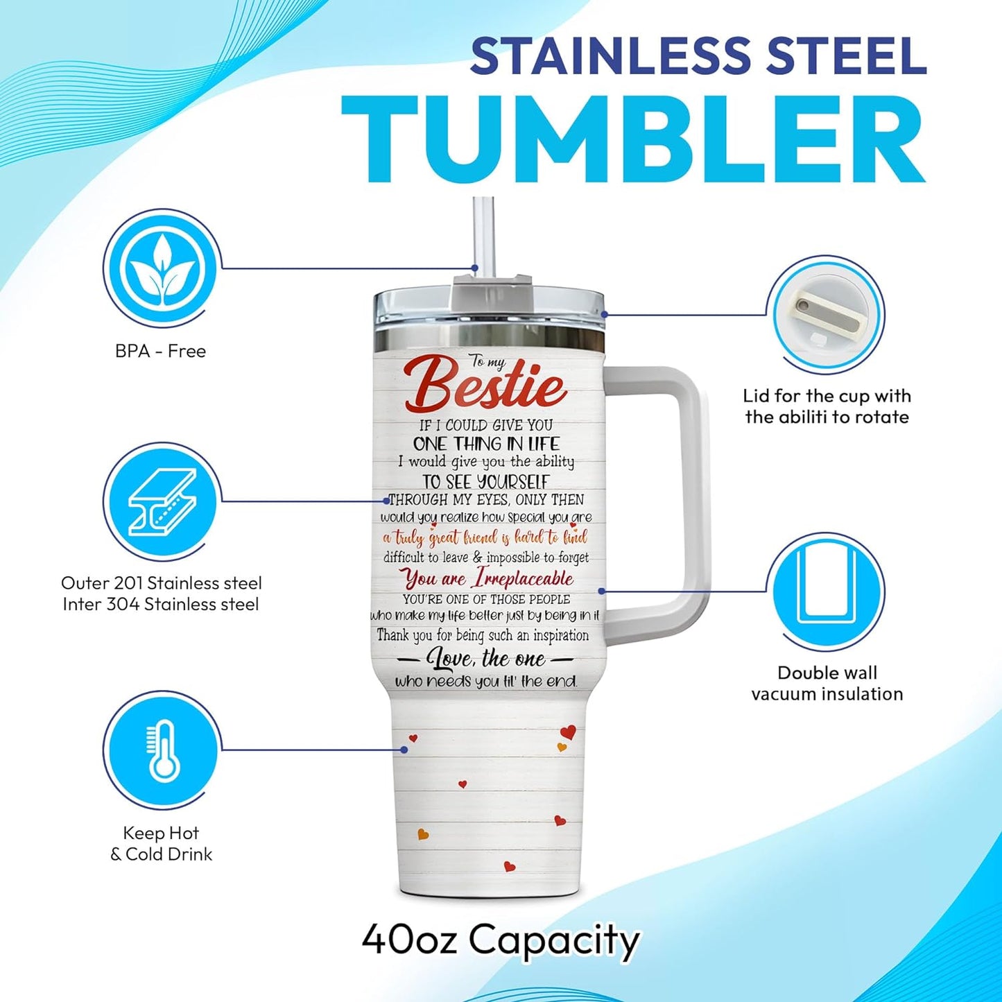 Bestie Friendship Tumbler 40oz with Handle & Straw – Personalized Stainless Steel Insulated Travel Cup with Lid – Heartwarming Gift for Best Friends
