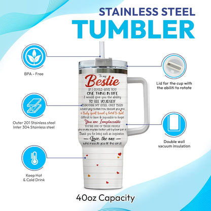 Bestie Friendship Tumbler 40oz with Handle & Straw – Personalized Stainless Steel Insulated Travel Cup with Lid – Heartwarming Gift for Best Friends