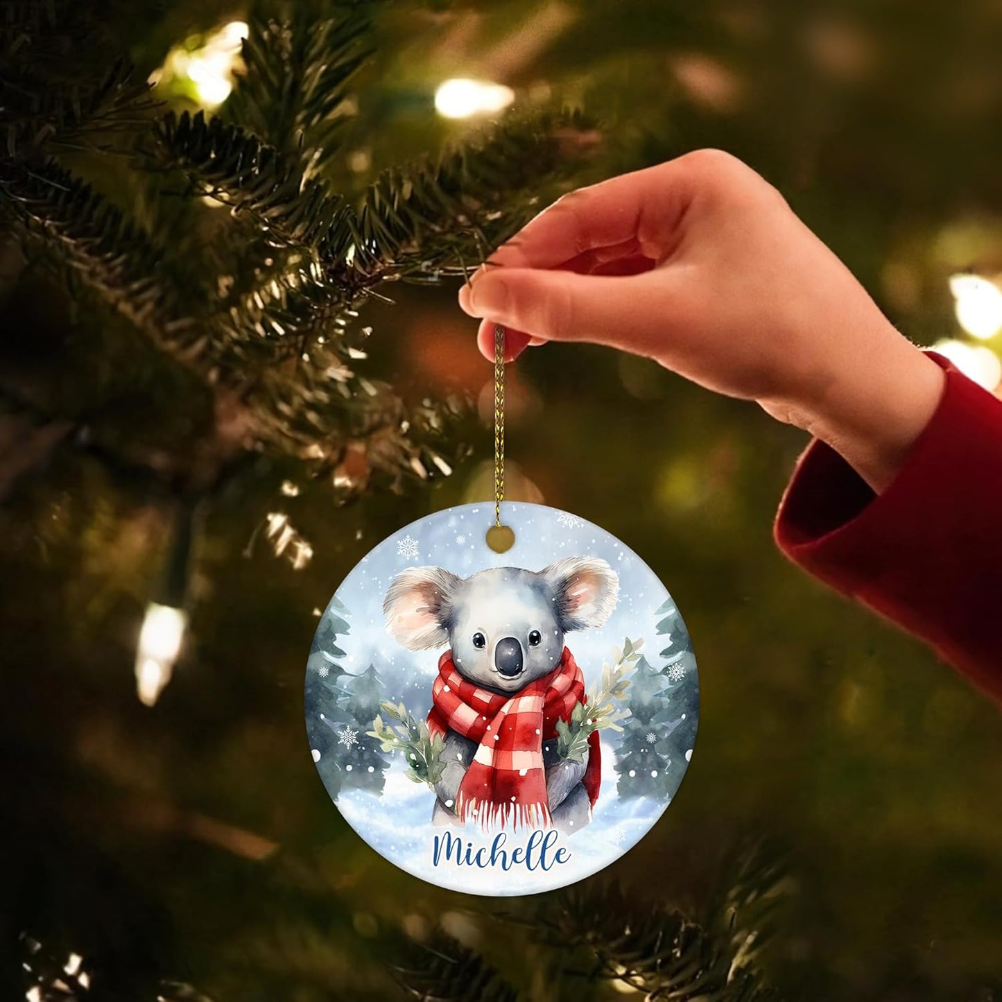 Koala in Scarf Winter Forest Ceramic Circle Ornament – Personalized Christmas Gift for Koala Lover, Wildlife Fan or Nature-Themed Decor