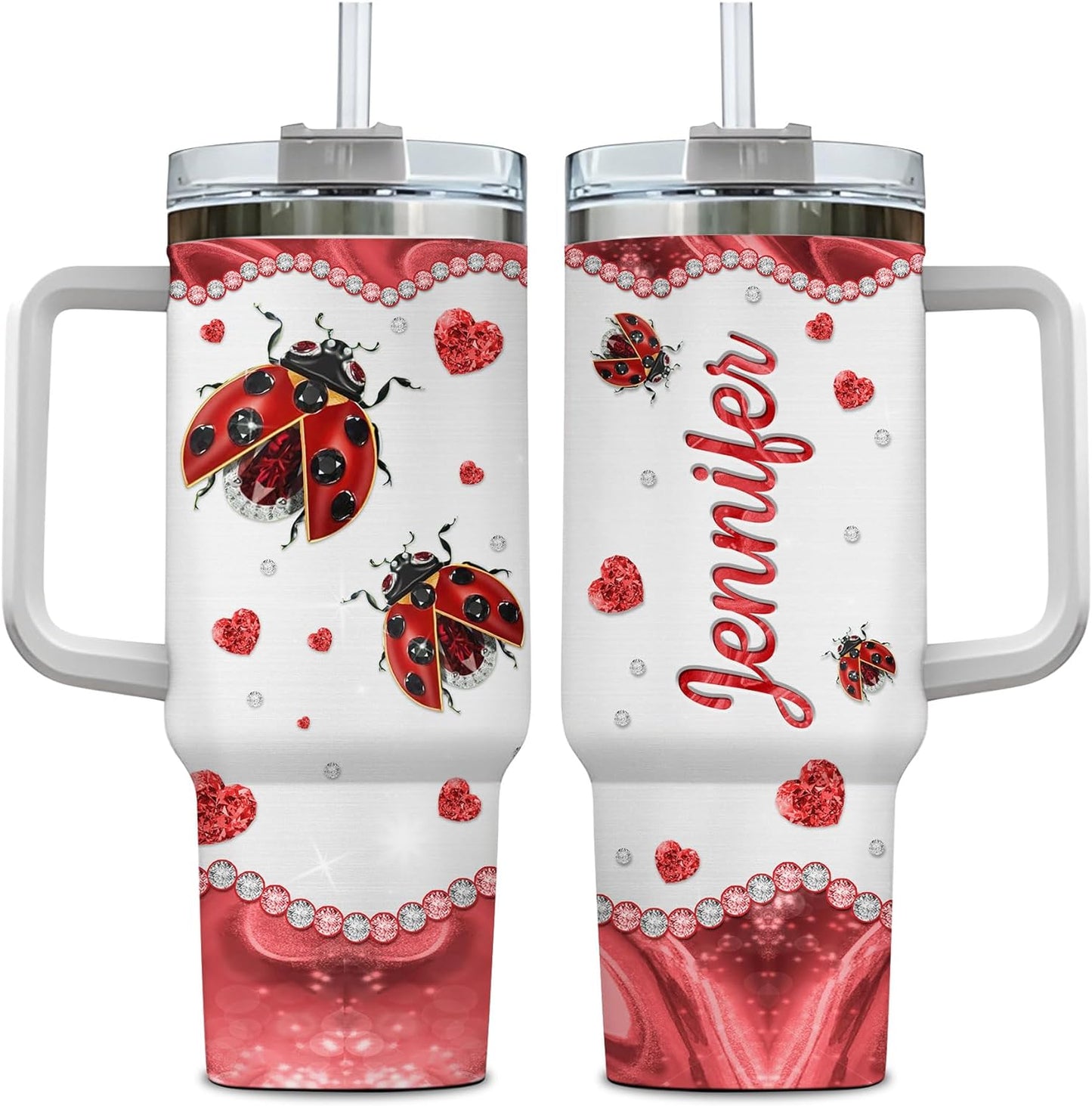 Ladybug Sparkle Tumbler 40oz with Handle & Straw – Personalized Stainless Steel Insulated Travel Cup with Lid – Cute Gift for Women & Kids