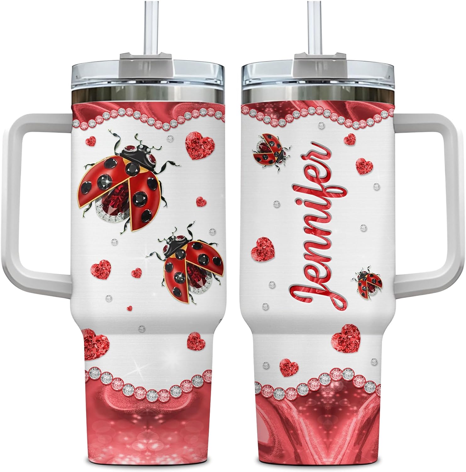 Ladybug Sparkle Tumbler 40oz with Handle & Straw – Personalized Stainless Steel Insulated Travel Cup with Lid – Cute Gift for Women & Kids