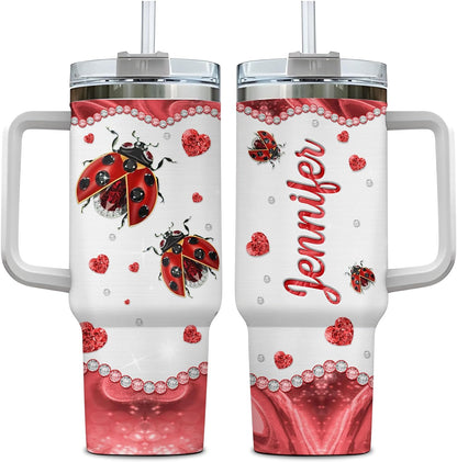 Ladybug Sparkle Tumbler 40oz with Handle & Straw – Personalized Stainless Steel Insulated Travel Cup with Lid – Cute Gift for Women & Kids
