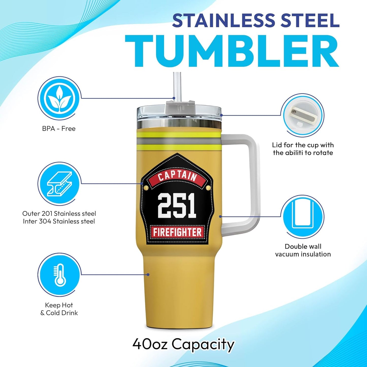 Firefighter Captain Tumbler 40oz with Handle & Straw – Personalized Stainless Steel Insulated Travel Cup with Lid – Unique Gift for Firemen & Heroes
