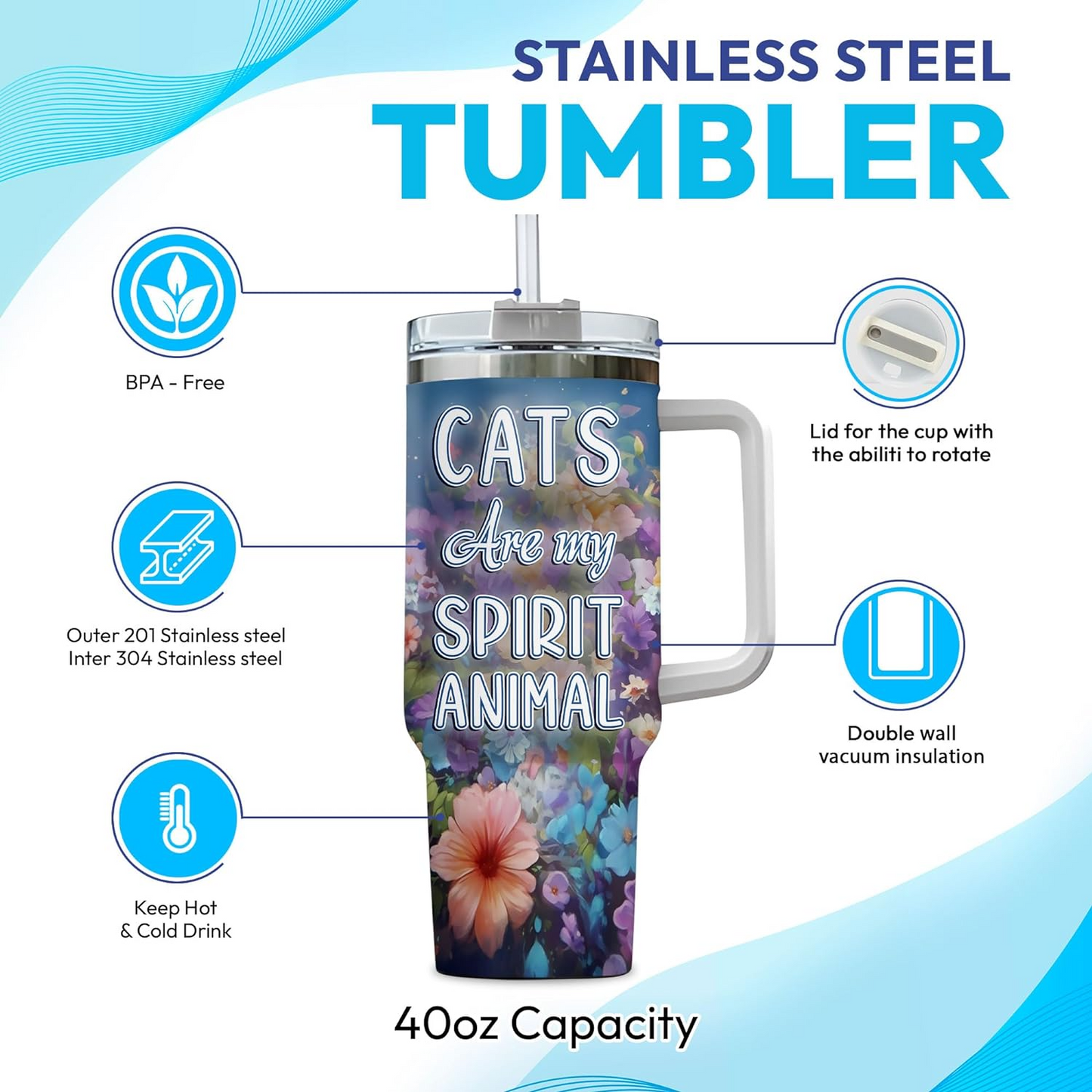 Cat Lover Tumbler 40oz with Handle & Straw – Personalized Stainless Steel Insulated Cup with Lid – Cute Birthday & Christmas Gift for Women & Girls