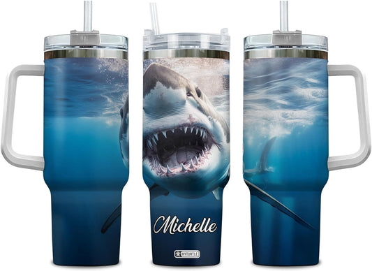 Great White Shark Tumbler 40oz – Personalized Stainless Steel Insulated Cup with Handle & Straw – Bold Gift for Shark Lovers