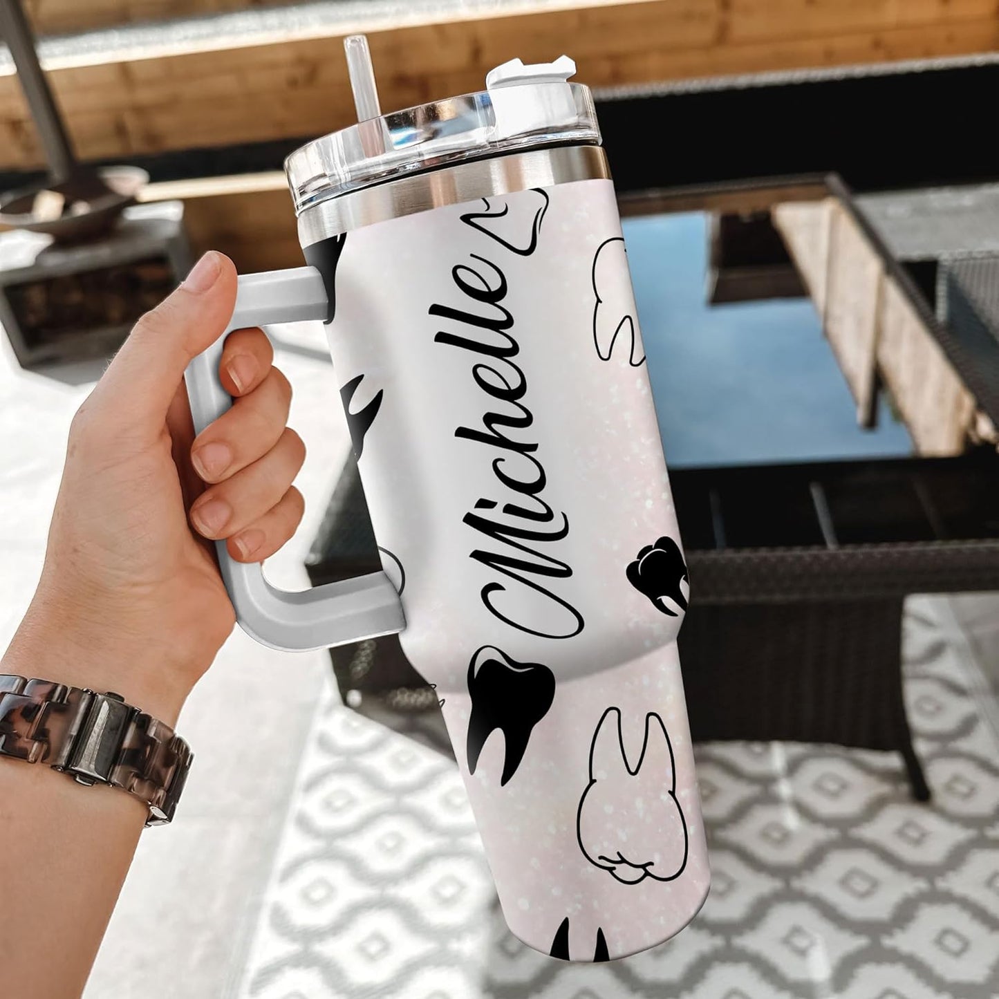 Dentist Themed Tumbler 40oz with Handle & Straw – Personalized Stainless Steel Travel Cup with Lid – Fun Gift for Dental Professionals