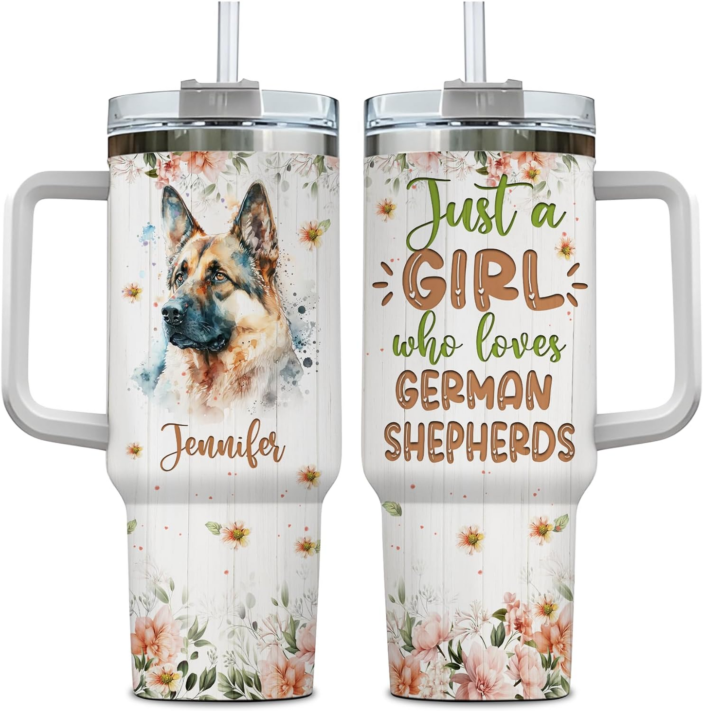 German Shepherd Lover Tumbler 40oz with Handle & Straw – Personalized Stainless Steel Cup with Lid – Thoughtful Gift for Dog Lovers