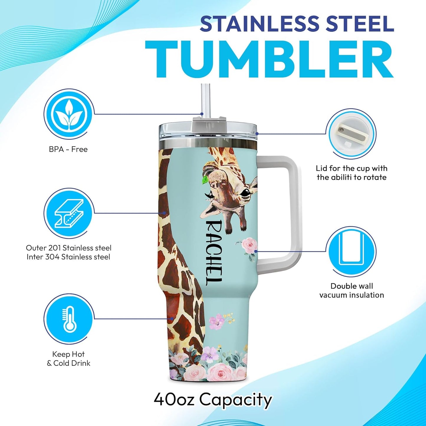Giraffe Tumbler 40oz with Handle & Straw – Personalized Stainless Steel Insulated Travel Cup with Lid – Unique Gift for Animal Lovers