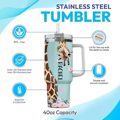 Giraffe Tumbler 40oz with Handle & Straw – Personalized Stainless Steel Insulated Travel Cup with Lid – Unique Gift for Animal Lovers