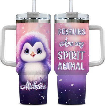 Penguin Lover Tumbler 40oz with Handle & Straw – Personalized Stainless Steel Insulated Travel Cup with Lid – Cute Birthday & Christmas Gift for Animal Lovers