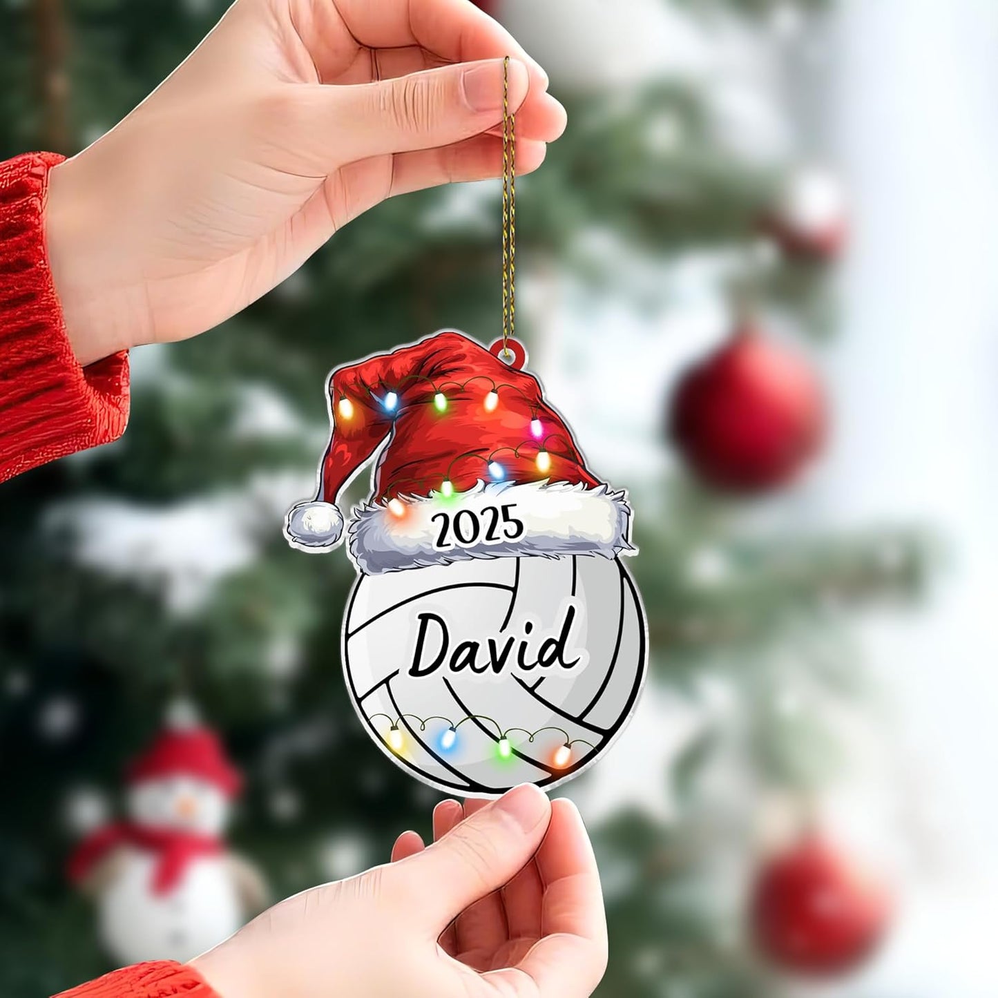 Volleyball with Santa hat cut acrylic ornament – personalized 2D flat silhouette, custom name holiday gift for volleyball player, coach or team parent