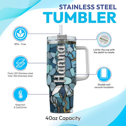Blue Mosaic Owl Tumbler 40oz with Handle & Straw – Personalized Stainless Steel Insulated Travel Cup with Lid – Stylish Gift for Owl Lovers
