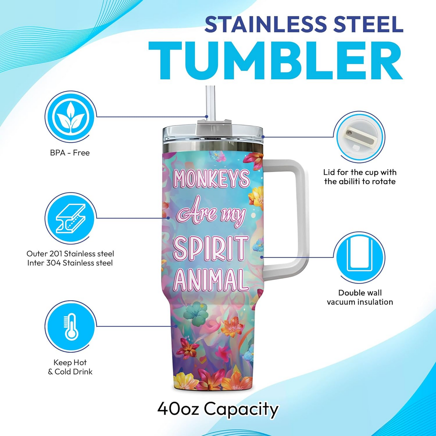Monkey Lover Tumbler 40oz with Handle & Straw – Personalized Stainless Steel Insulated Travel Cup with Lid – Fun Birthday Gift for Animal Lovers