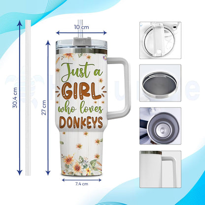 Donkey Lover Tumbler 40oz with Handle & Straw – Personalized Stainless Steel Insulated Travel Cup with Lid – Unique Gift for Animal Lovers