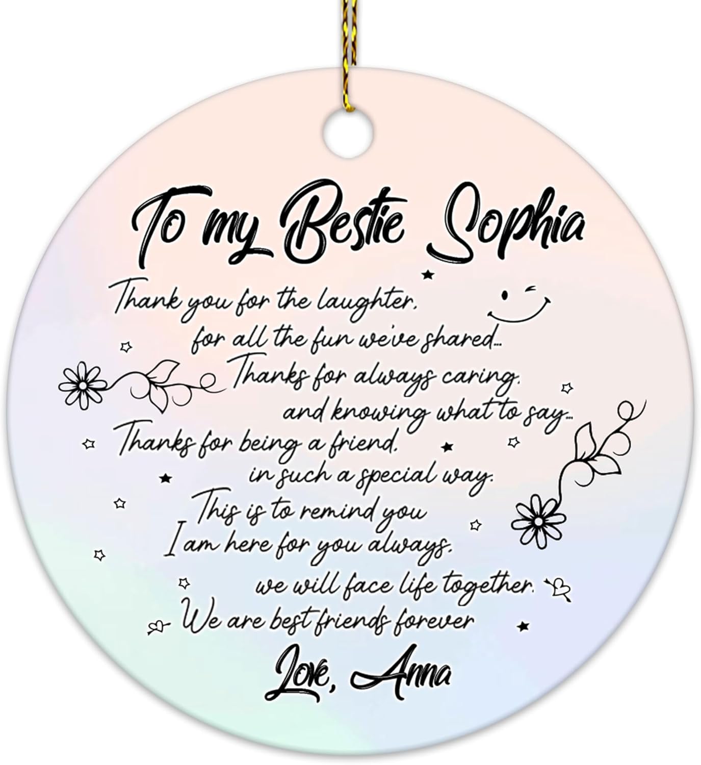 Best Friend Letter Script Ceramic Circle Ornament – Personalized Christmas Gift for Bestie, BFF or Soul Sister with Heartfelt Thank-You Note