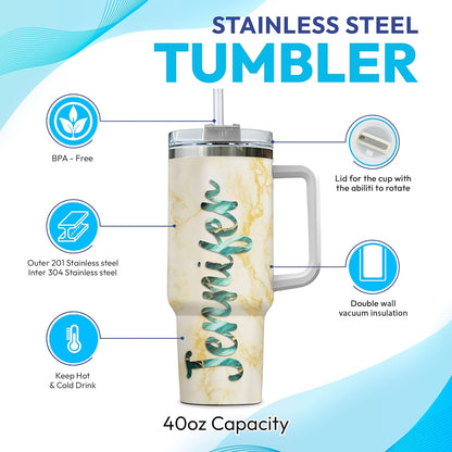 Owl & Gemstone Tumbler 40oz with Handle & Straw – Personalized Stainless Steel Insulated Travel Cup with Lid – Artistic Gift for Owl Lovers