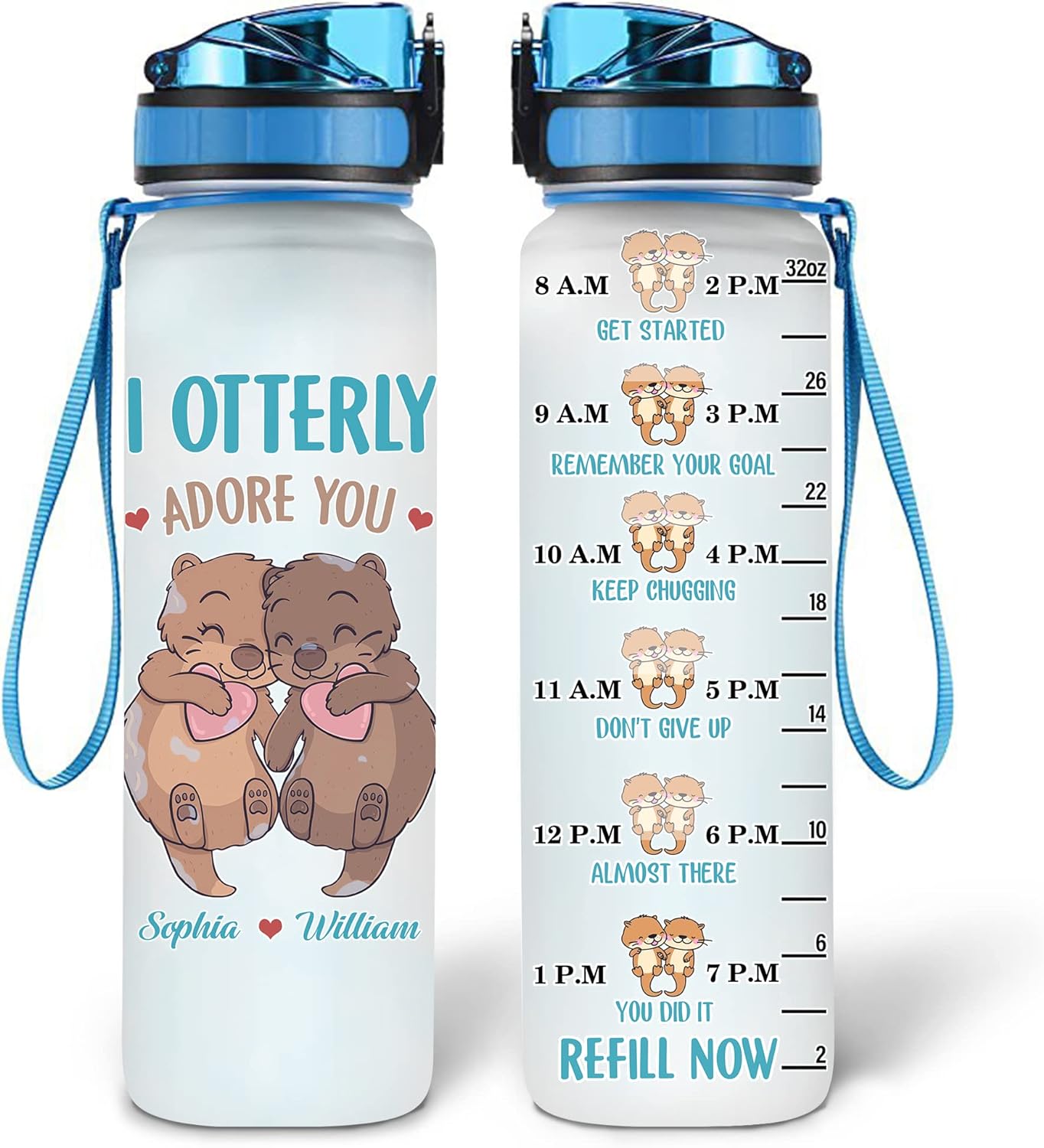 Otter Couple Water Bottle Tracker 32oz Personalized – Cute Animal Love Hydration Bottle with Time Marker – Romantic Gift for Couples