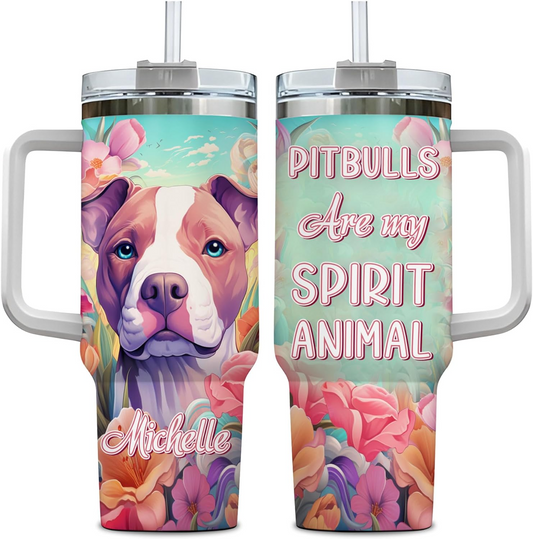 Pitbull Spirit Animal Tumbler 40oz – Personalized Stainless Steel Insulated Cup with Handle & Straw – Stylish Gift for Dog Lovers