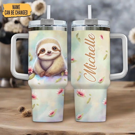 Cute Sloth Tumbler 40oz with Handle & Straw – Personalized Stainless Steel Travel Cup with Lid – Adorable Gift for Animal Lovers