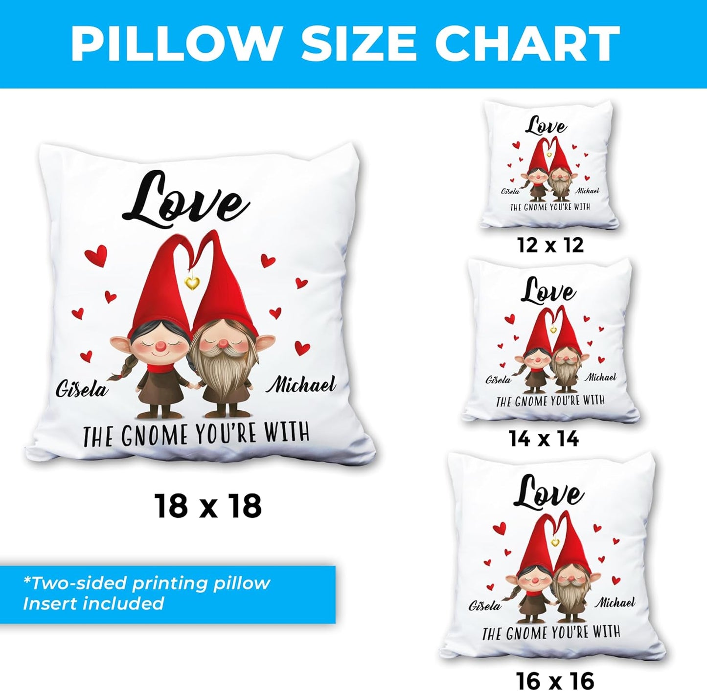 Gnome Couple Love Personalized Pillow with Insert – Cute Valentine’s Day Cushion – Anniversary Gift for Wife or Husband