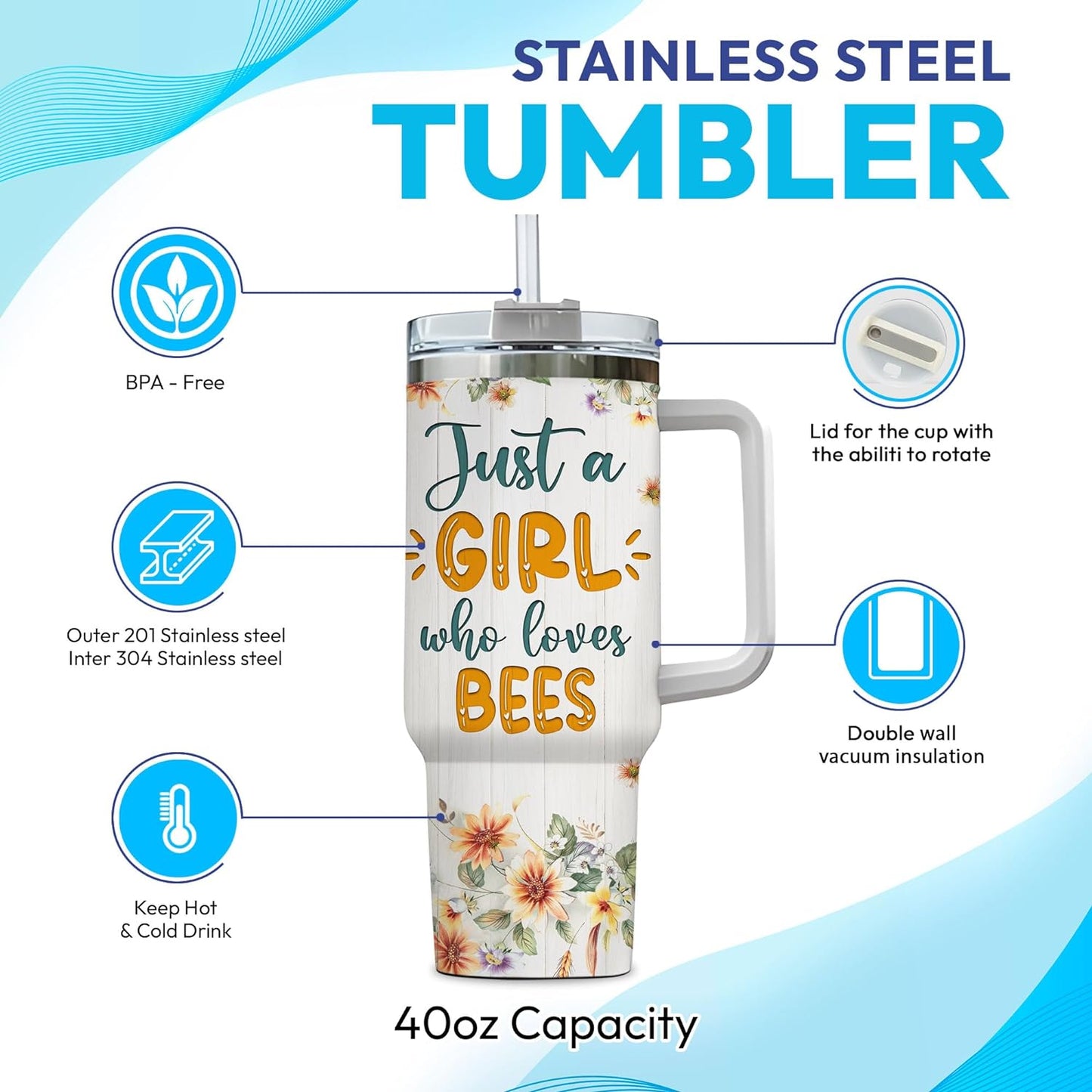Bee Lover Tumbler 40oz with Handle & Straw – Personalized Stainless Steel Travel Mug with Lid – Cute Gift for Nature & Garden Lovers