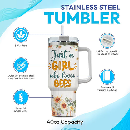 Bee Lover Tumbler 40oz with Handle & Straw – Personalized Stainless Steel Travel Mug with Lid – Cute Gift for Nature & Garden Lovers